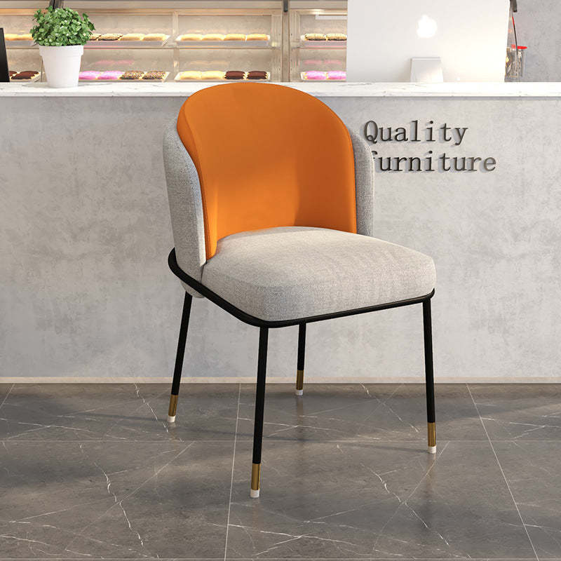Scandinavian Houndstooth Linen Curved Dining Chair — Grey Leather Backrest + Grey Linen Seat