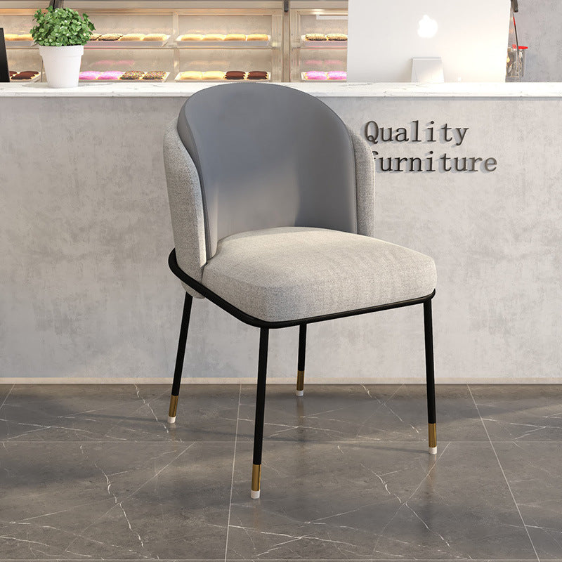 Scandinavian Houndstooth Linen Curved Dining Chair — White Leather Backrest +Orange Leather Seat