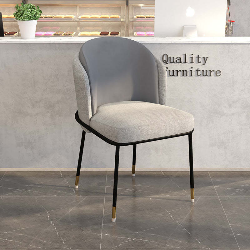 Scandinavian Houndstooth Linen Curved Dining Chair — White Leather Backrest +Orange Leather Seat
