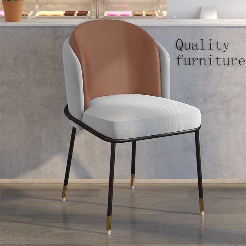 Scandinavian Houndstooth Linen Curved Dining Chair — Coffee Leather Backrest +Grey Linen Seat