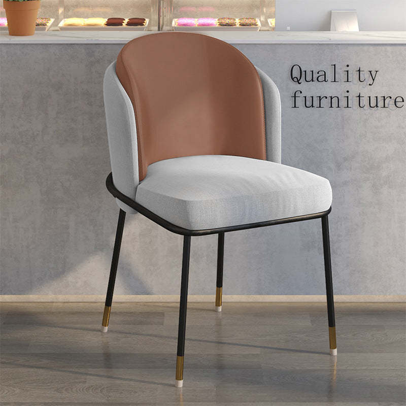 Nordic curved houndstooth wood dining chairs & benches, Lighom — Coffee Leather Backrest & Gray Linen Seat