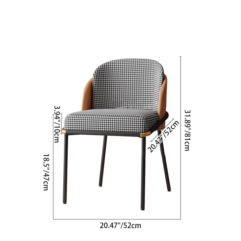 Scandinavian Houndstooth Linen Curved Dining Chair — Houndstooth Linen Backrest + Black PU Leather Seat