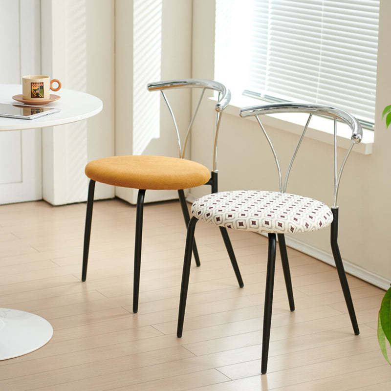 Modern Eclectic Corduroy Stainless Steel Round Dining Chair — Diamond Pattern Seat