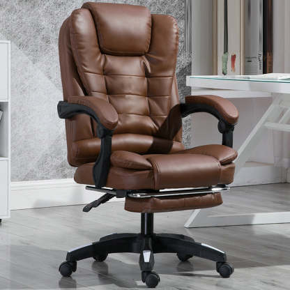 Minimalist Leather Steel Rotatable Lift Massage Desk Chair — Steel / Brown Without Footrest