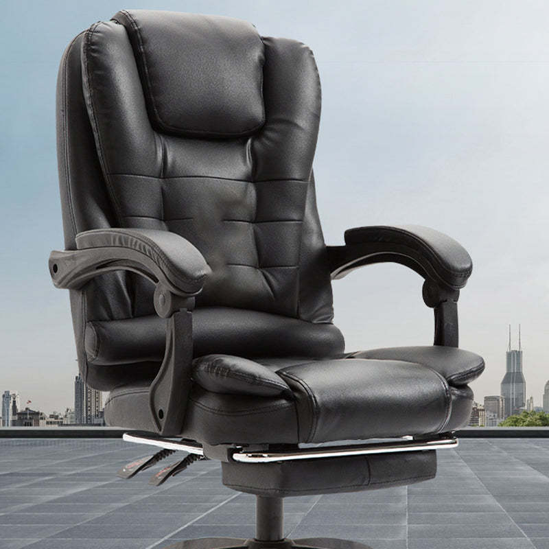 Minimalist Leather Steel Rotatable Lift Massage Desk Chair — Steel / Black With Footrest