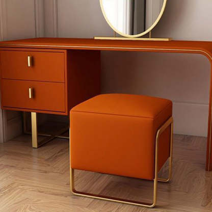 Scandinavian Leather Wood Vanity Stool — A - Gold Feet / Orange