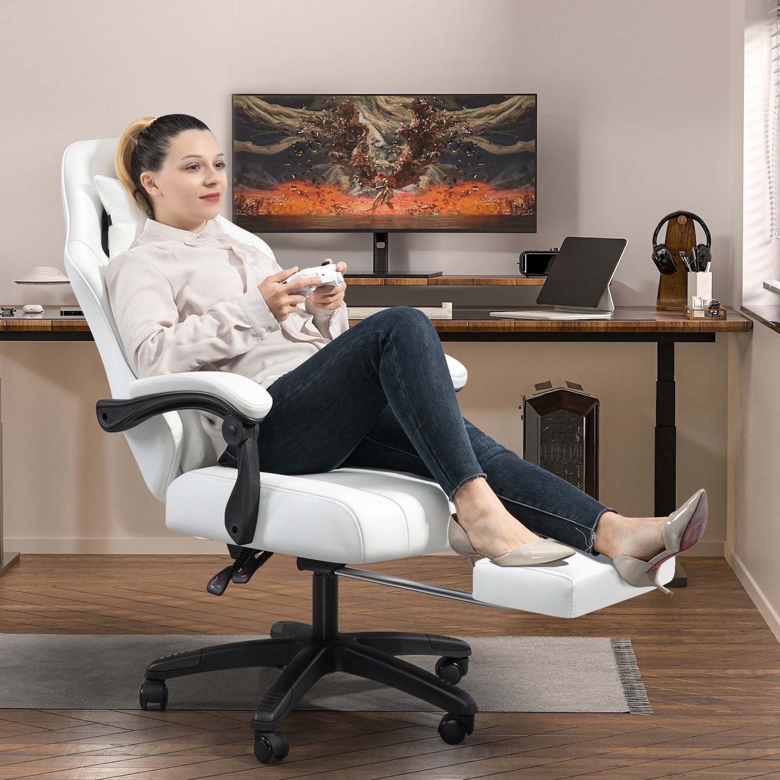 Minimalist Swivel Liftable Nylon Leather Desk Chair — Black & Fabric