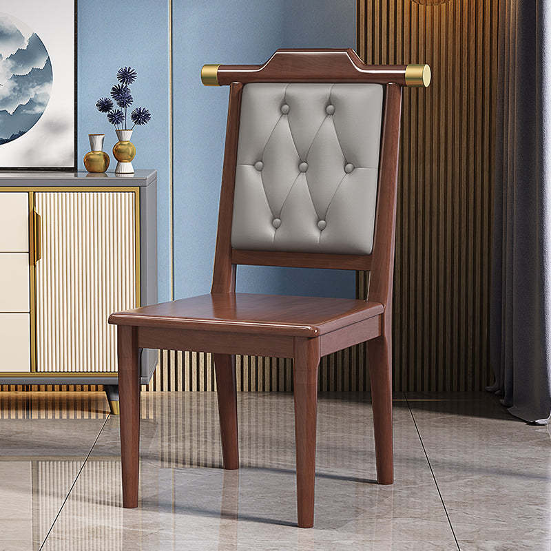 Chinese Wood Leather Dining Chair — Hard Seat / Walnut Color + Brown