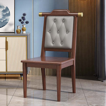 Chinese Wood Leather Dining Chair — Hard Seat / Walnut Color + Brown