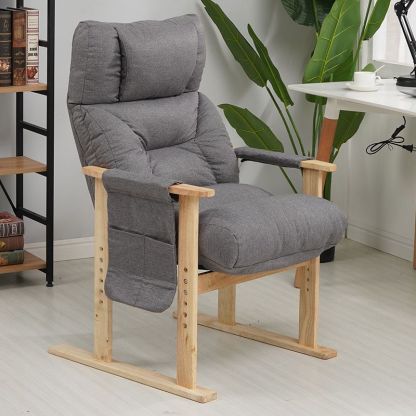 Minimalist Folding Wood Hemp Fabric Accent Chair With Pocket — Gray
