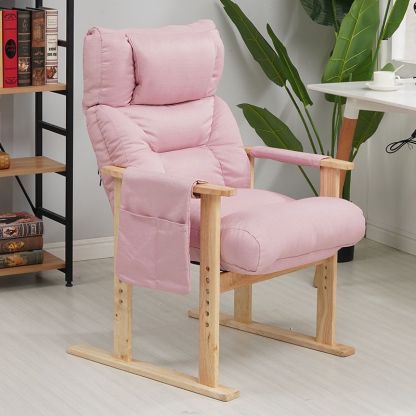 Minimalist Folding Wood Hemp Fabric Accent Chair With Pocket — Pink