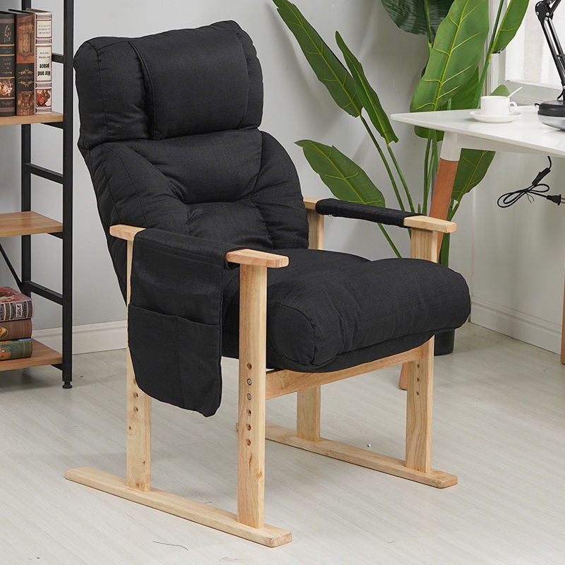 Minimalist Folding Wood Hemp Fabric Accent Chair With Pocket — Beige