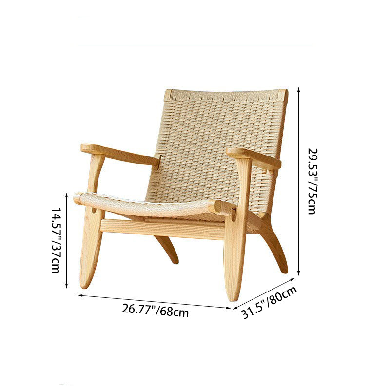Japanese Rattan Wood Cowhide Rope Accent Chair — Original Wood Color Frame + Black