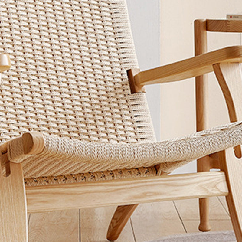 Japanese Rattan Wood Cowhide Rope Accent Chair — Walnut Color Frame + Black