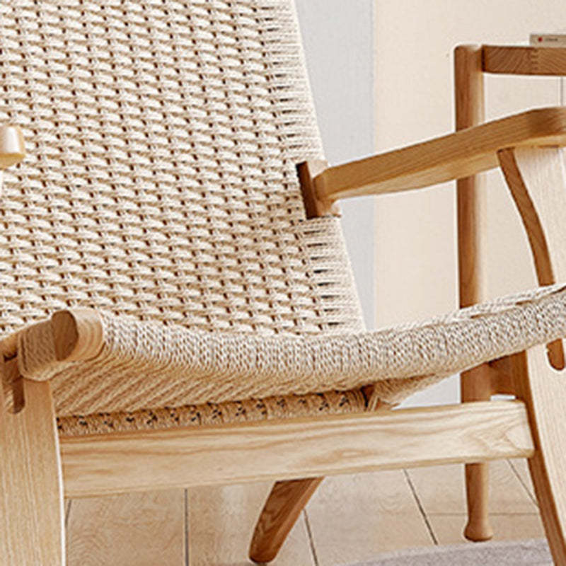 Japanese Rattan Wood Cowhide Rope Accent Chair — Walnut Color Frame + Black