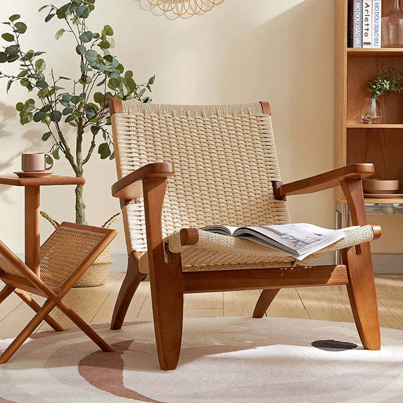 Japanese Rattan Wood Cowhide Rope Accent Chair — Cherry Wood Color Frame + Beige