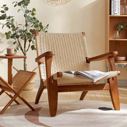 Japanese Rattan Wood Cowhide Rope Accent Chair — Cherry Wood Color Frame + Beige