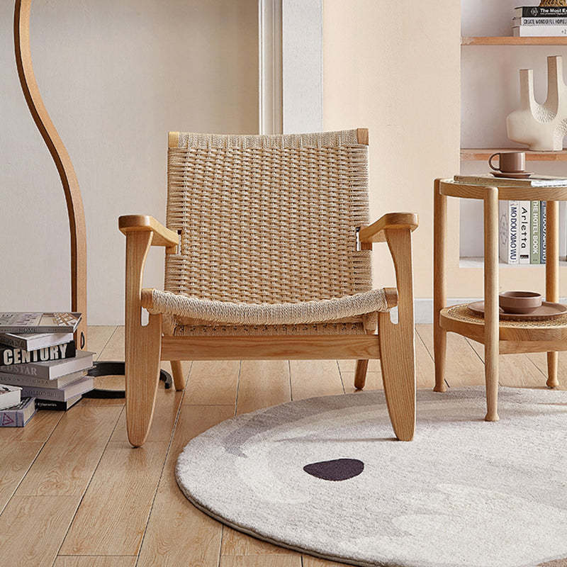 Japanese Rattan Wood Cowhide Rope Accent Chair