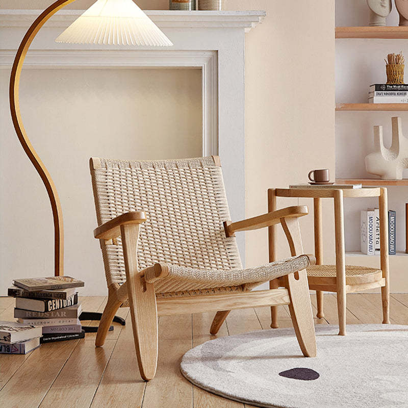 Japanese Rattan Wood Cowhide Rope Accent Chair — Original Wood Color Frame + Beige