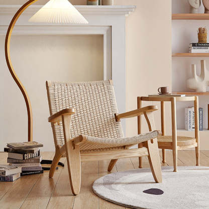 Japanese Rattan Wood Cowhide Rope Accent Chair — Original Wood Color Frame + Beige