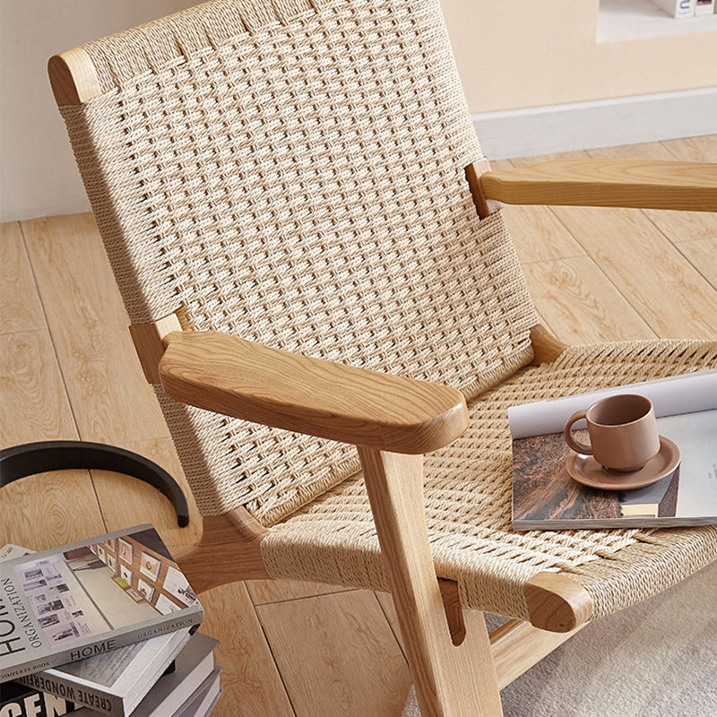 Japanese Rattan Wood Cowhide Rope Accent Chair — Walnut Color Frame + Brown