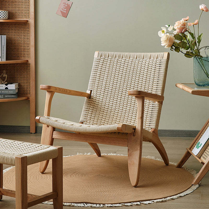 Japanese Rattan Wood Cowhide Rope Accent Chair