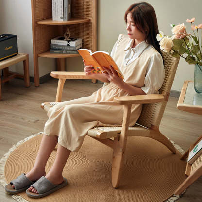 Japanese Rattan Wood Cowhide Rope Accent Chair