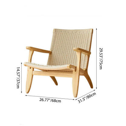 Japanese Rattan Wood Cowhide Rope Accent Chair — Original Wood Color Frame + Black