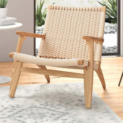 Japanese Rattan Wood Cowhide Rope Accent Chair