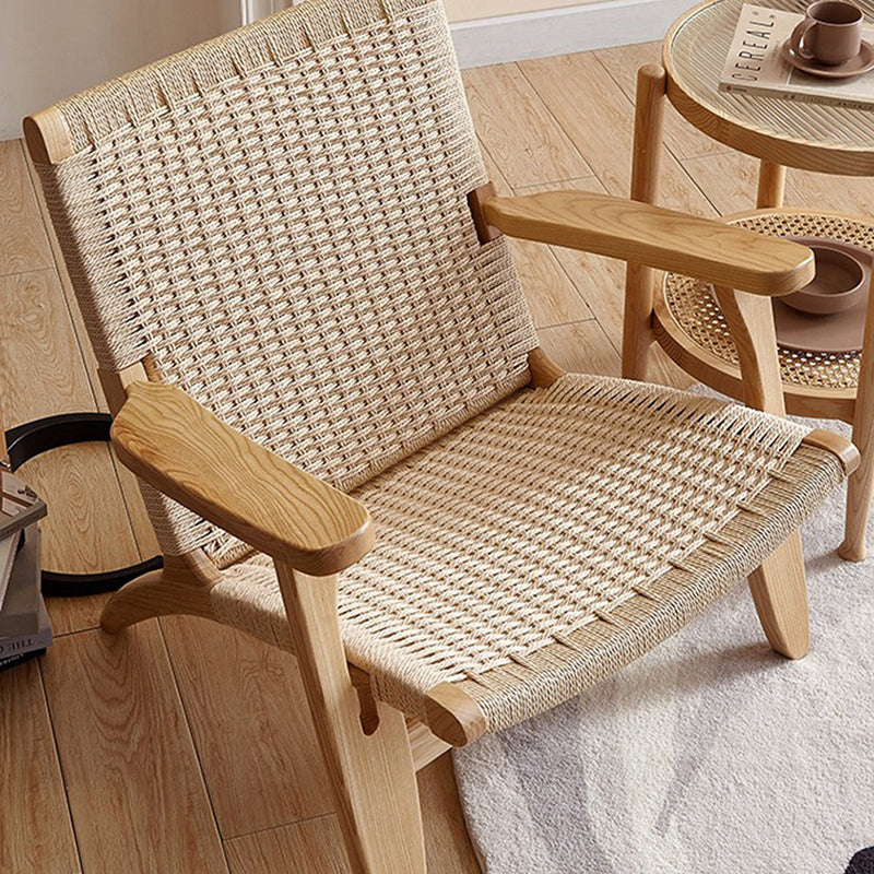 Japanese Rattan Wood Cowhide Rope Accent Chair — Walnut Color Frame + Beige