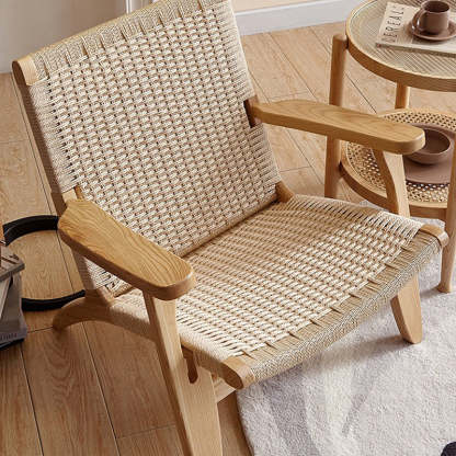 Japanese Rattan Wood Cowhide Rope Accent Chair — Walnut Color Frame + Beige