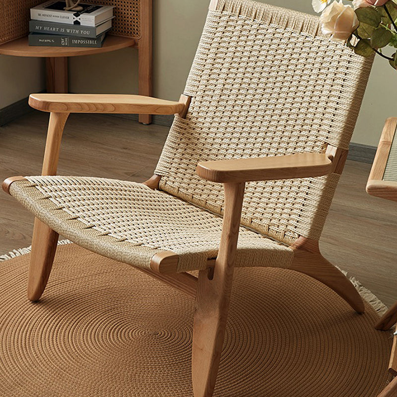 Japanese Rattan Wood Cowhide Rope Accent Chair