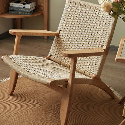 Japanese Rattan Wood Cowhide Rope Accent Chair