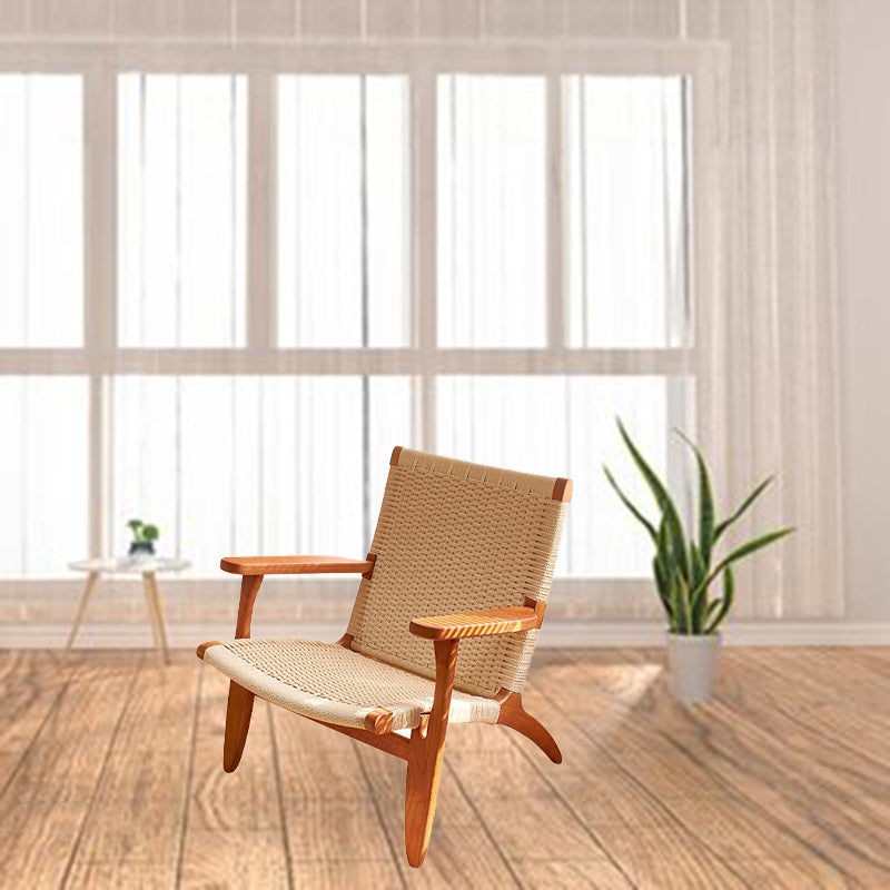 Japanese Rattan Wood Cowhide Rope Accent Chair