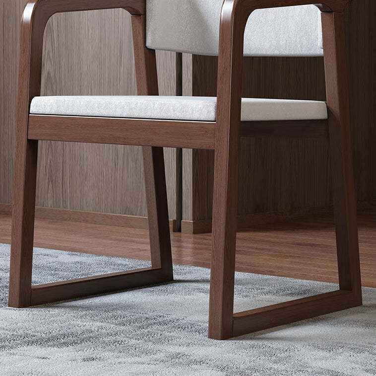 Chinese Wood Veneer Dining Chair — Original Wood Color Armrest + Beige Leather Pad