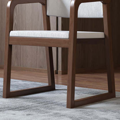 Chinese Wood Veneer Dining Chair — Original Wood Color Armrest + Beige Leather Pad