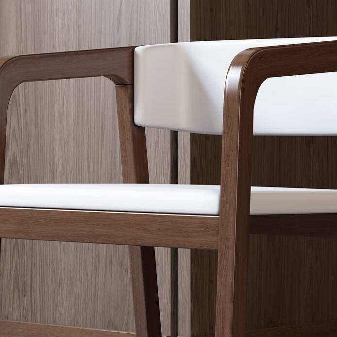 Chinese Wood Veneer Dining Chair — Walnut Color Armrest + Beige Leather Pad
