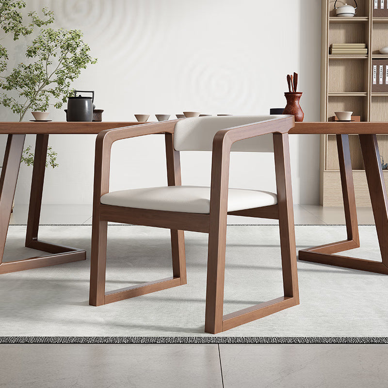 Chinese Wood Veneer Dining Chair — Original Wood Color Armrest + Gray Fabric Pad