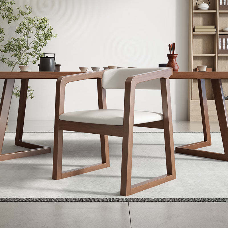 Chinese Wood Veneer Dining Chair — Original Wood Color Armrest + Gray Fabric Pad