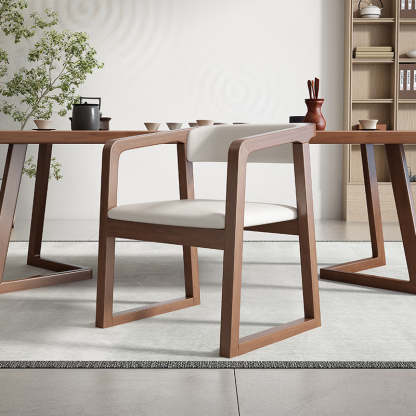Chinese Wood Veneer Dining Chair — Original Wood Color Armrest + Gray Fabric Pad