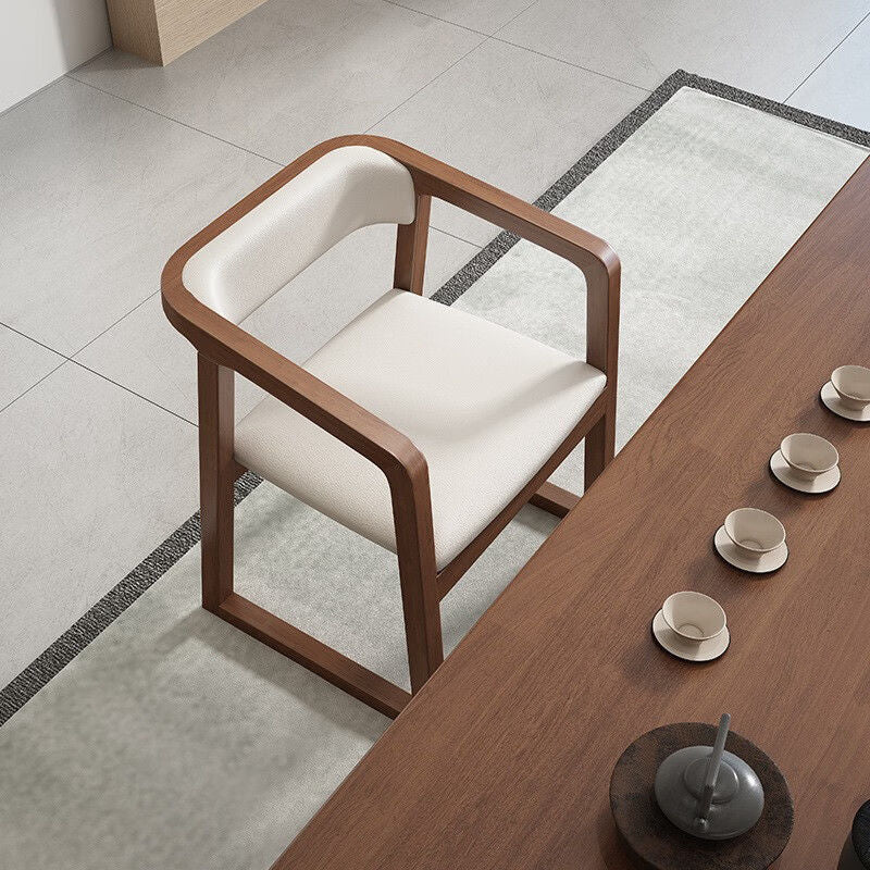 Chinese Wood Veneer Dining Chair — Walnut Color Armrest + Gray Fabric Pad