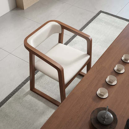 Chinese Wood Veneer Dining Chair — Walnut Color Armrest + Gray Fabric Pad