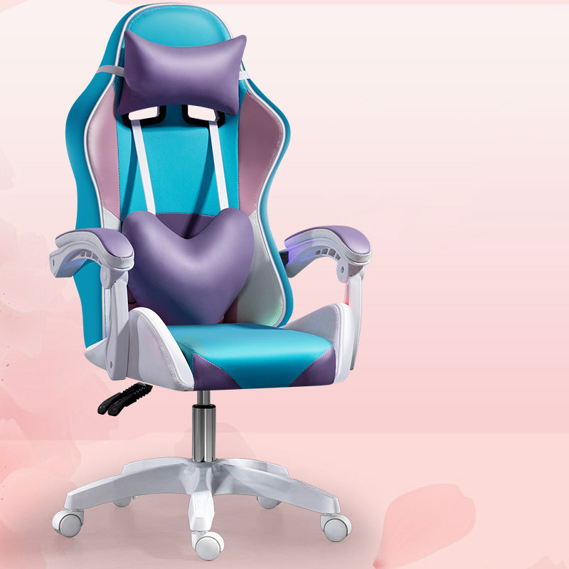 Scandinavian Leather Wood Steel Swivel Lift Desk Chair — Steel Without Footrest / Purple + White