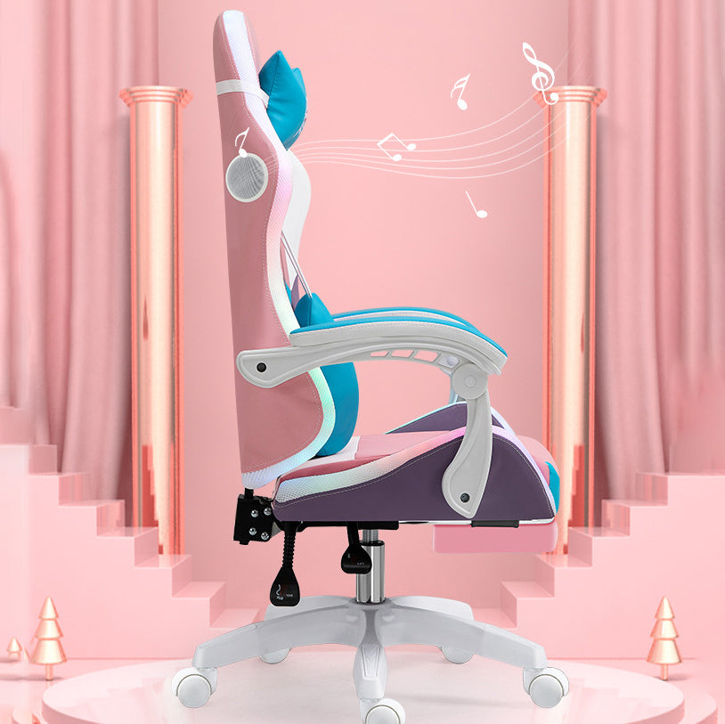 Scandinavian Leather Wood Steel Swivel Lift Desk Chair — Steel With Footrest / Purple + White