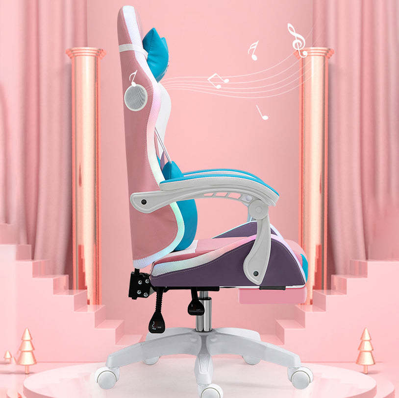 Scandinavian Leather Wood Steel Swivel Lift Desk Chair — Steel With Footrest / Purple + White