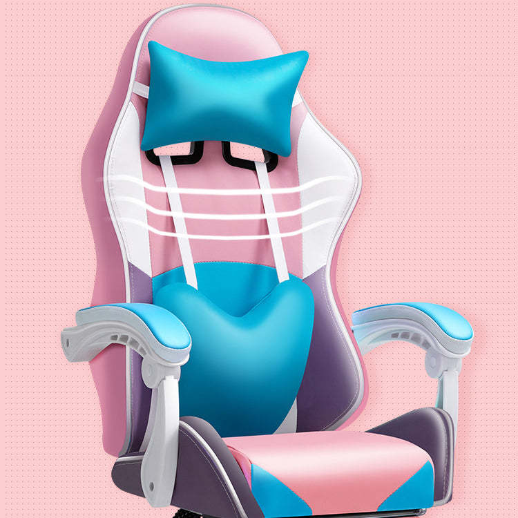 Scandinavian Leather Wood Steel Swivel Lift Desk Chair — Steel With Footrest / Pink + Blue