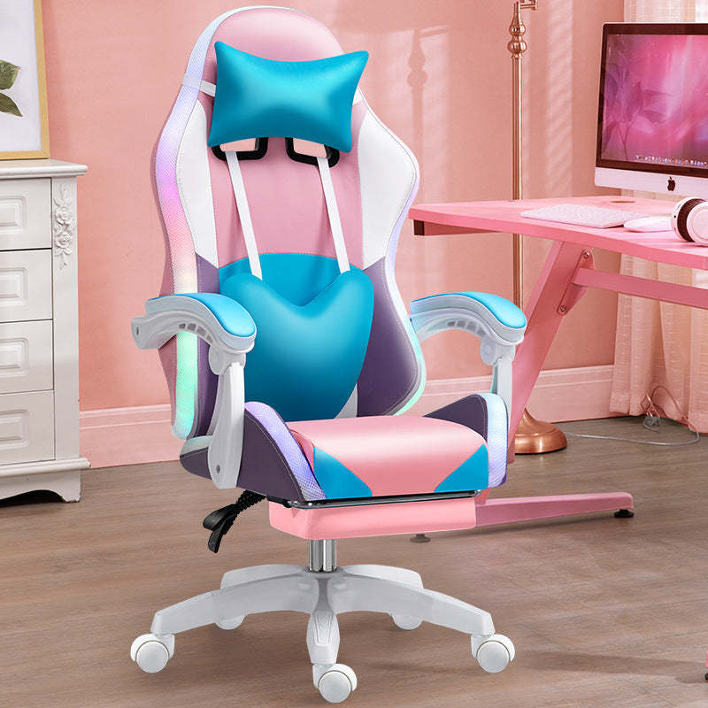 Scandinavian Leather Wood Steel Swivel Lift Desk Chair — Steel Without Footrest / Blue + Purple