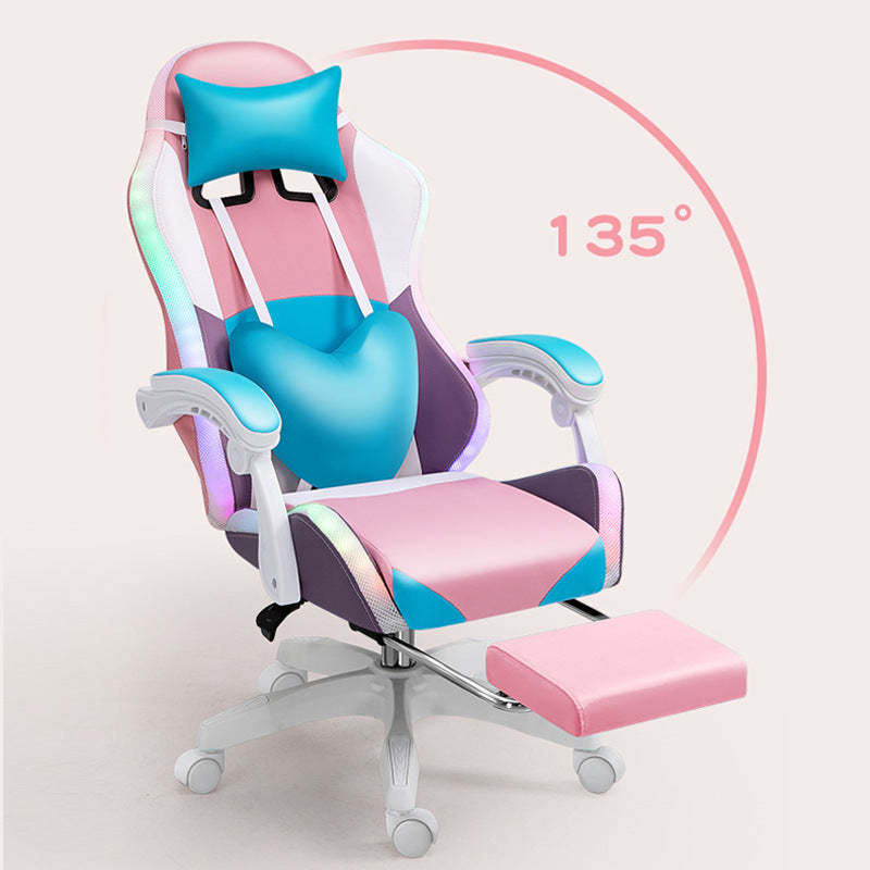 Scandinavian Leather Wood Steel Swivel Lift Desk Chair — Nylon With Footrest / Blue + Purple