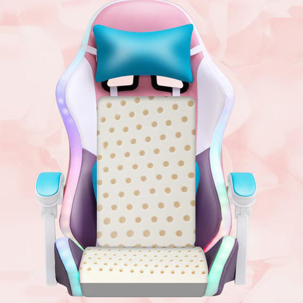 Scandinavian Leather Wood Steel Swivel Lift Desk Chair — Nylon Without Footrest / Pink + Blue