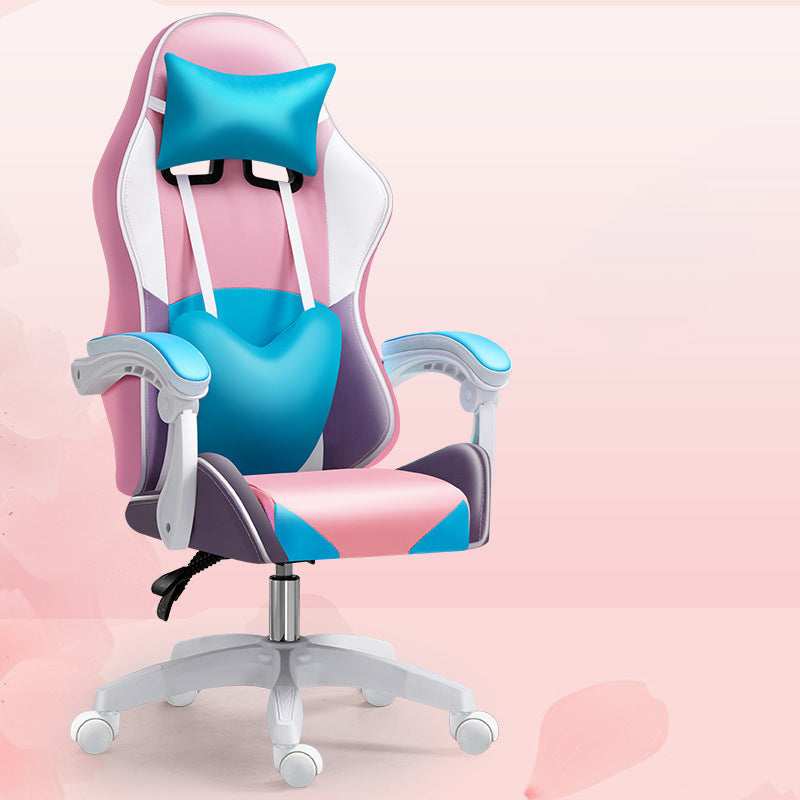 Scandinavian Leather Wood Steel Swivel Lift Desk Chair — Nylon With Footrest / Pink + Blue